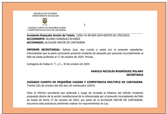 INCIDENTE DE DESACATO CONTRA ALCALDIA DE CARTAGENA  